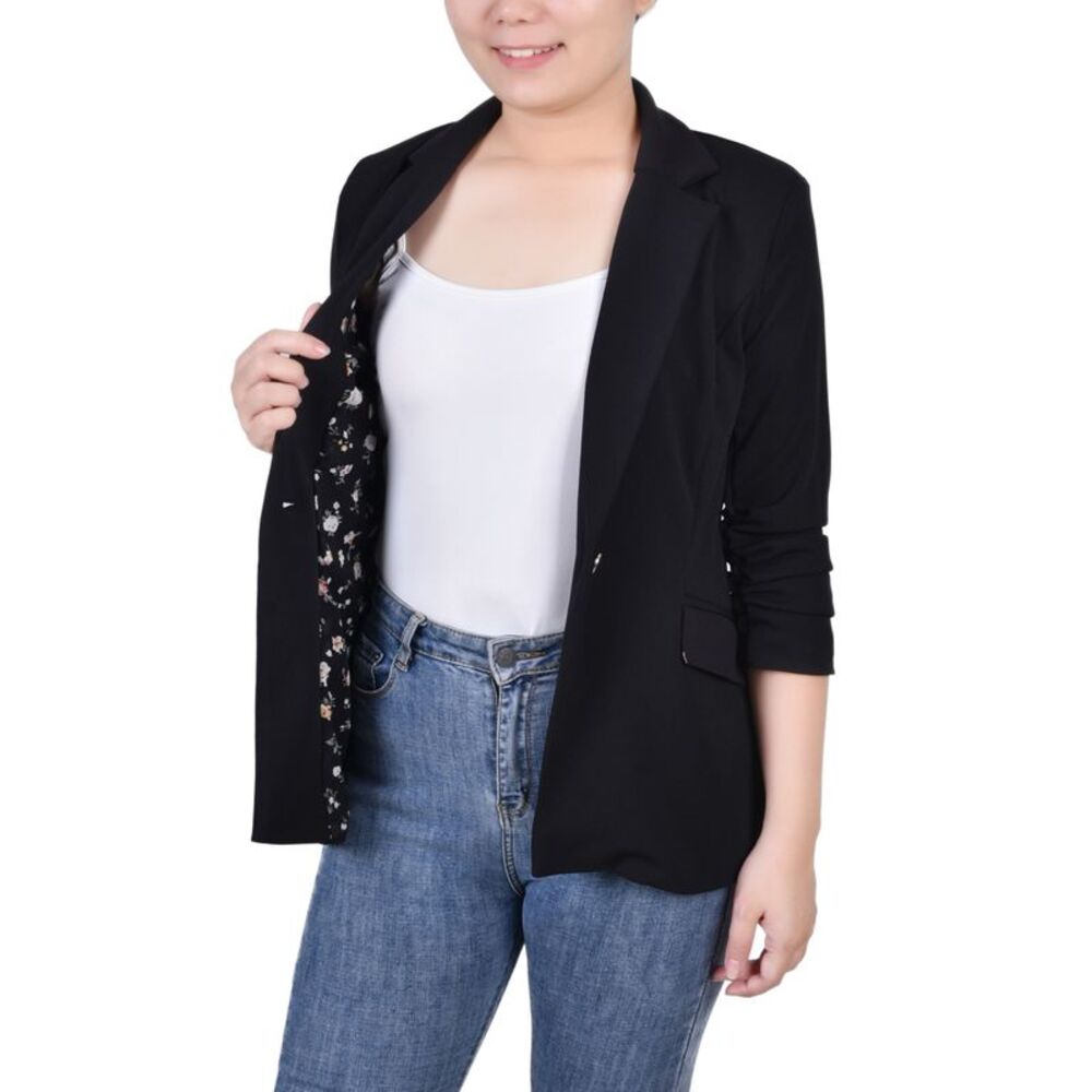 NY Collection Petite 3/4 Rouched Sleeve Crepe Jacket